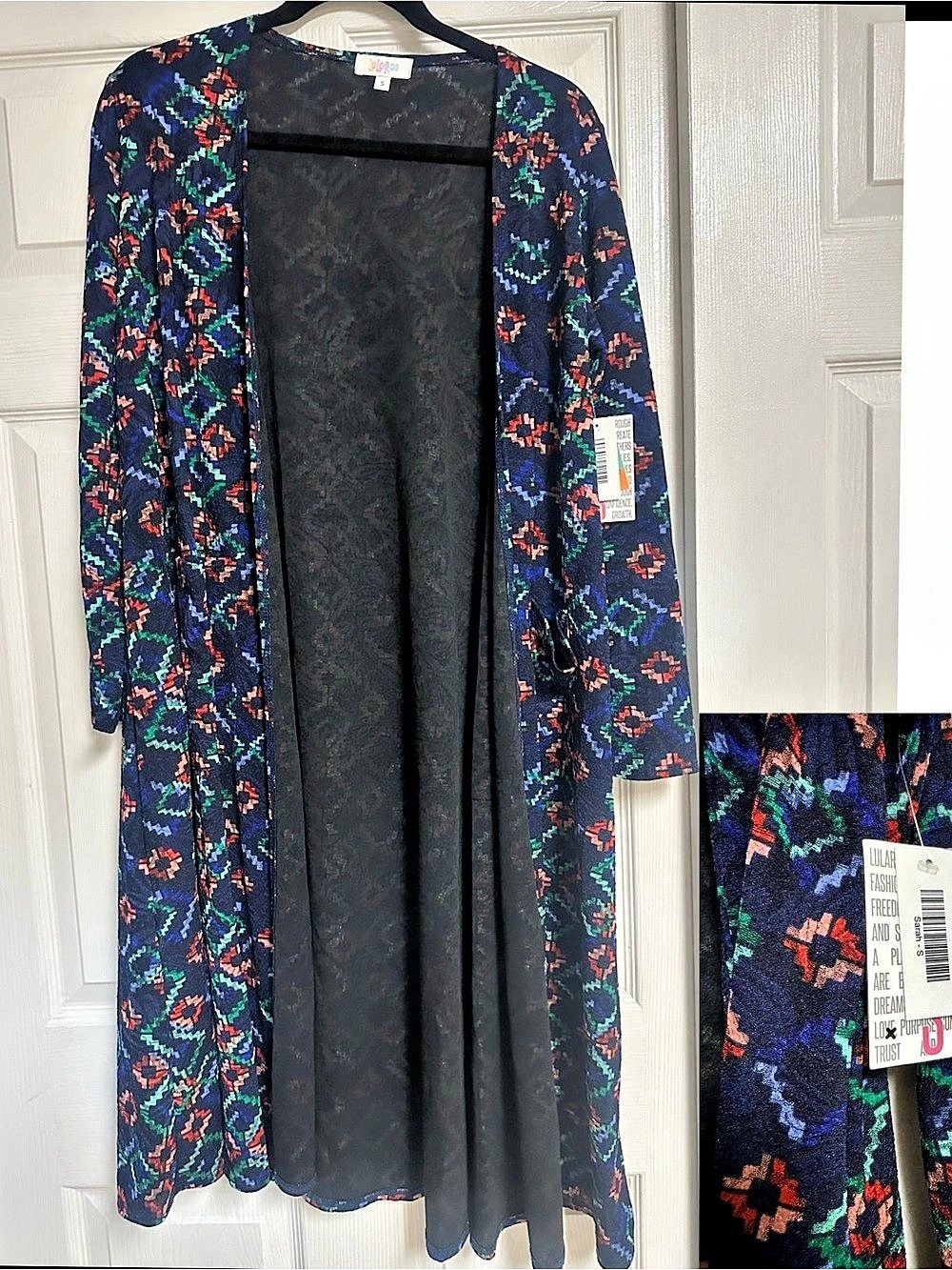 Women's Blue & Multicolor Geometric Open-Front Cardigan size small